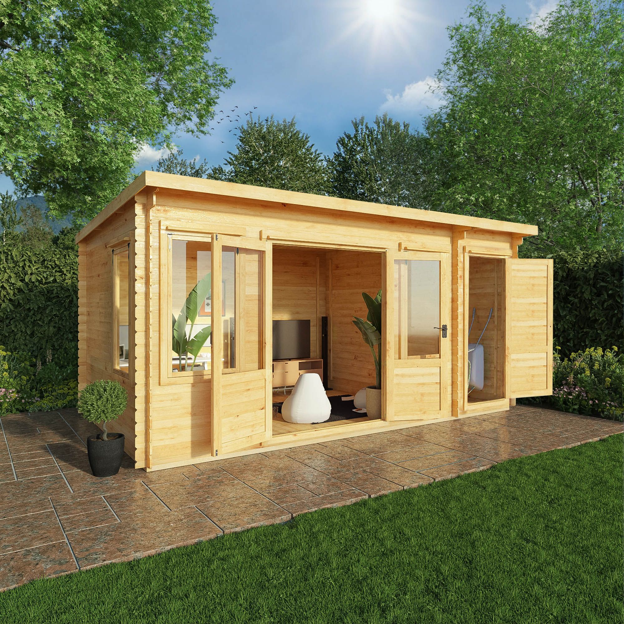 Adley 5.1m x 3m Hereford Log Cabin With Side Shed - 19mm
