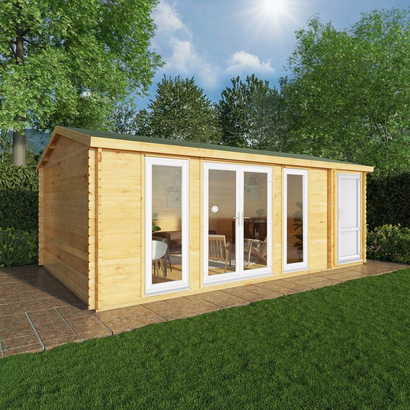 Adley 6.1m x 4m Bravo Home Office Log Cabin With Side Shed & UPVC Windows & Doors - 44mm