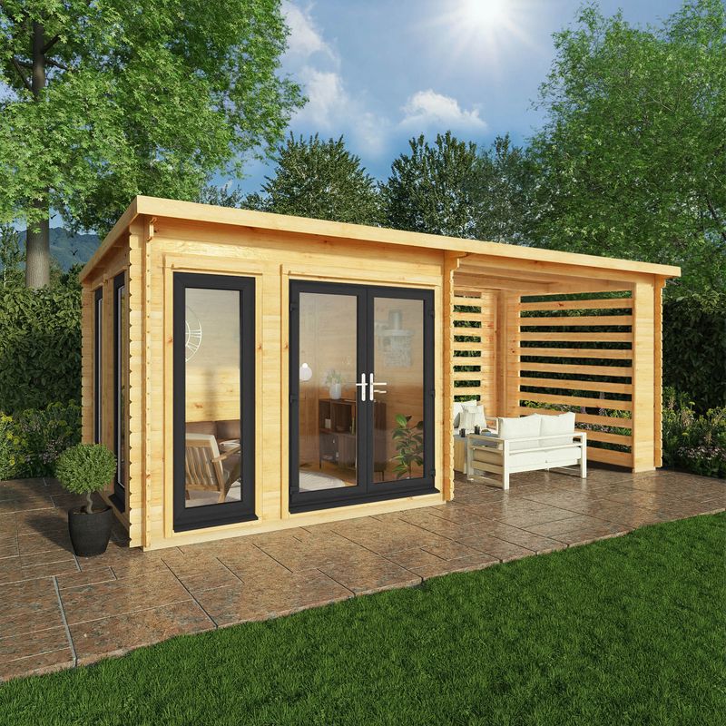 Adley 6m x 3m Alpha Pent Log Cabin With Slatted Area & UPVC Windows & Doors - 44mm