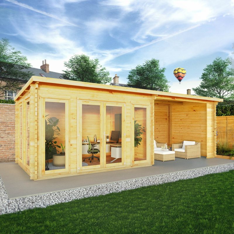 Adley 7m x 3m Alpha Pent Log Cabin With Patio Area - 28mm