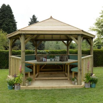 Hartwood 4.7m Fully Furnished Premium Hexagonal Gazebo With Timber Roof