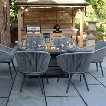 RC Aspen 6 Seater Aluminium Dining Set With Rectangular Firepit Table And Rope Weave Chairs