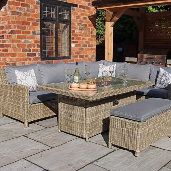 RC Wentworth 5-7 Seater Rattan Deluxe Modular Corner Dining Sofa Set With Rectangular Firepit Table