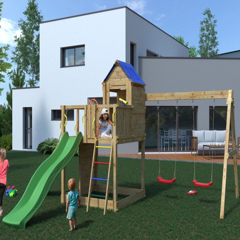 Loxley 14’ x 16’ Climbing Frame With Double Swing & Slide