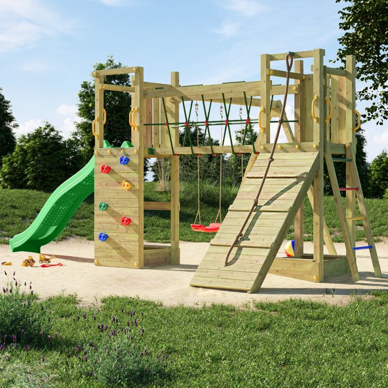 Loxley 17’ x 13’ Climbing Frame With Double Tower, Double Swing & Slide