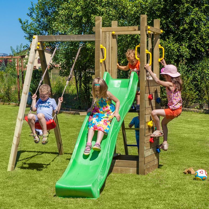Loxley 9’ x 6’ Climbing Frame Rock Wall With Swing & Slide